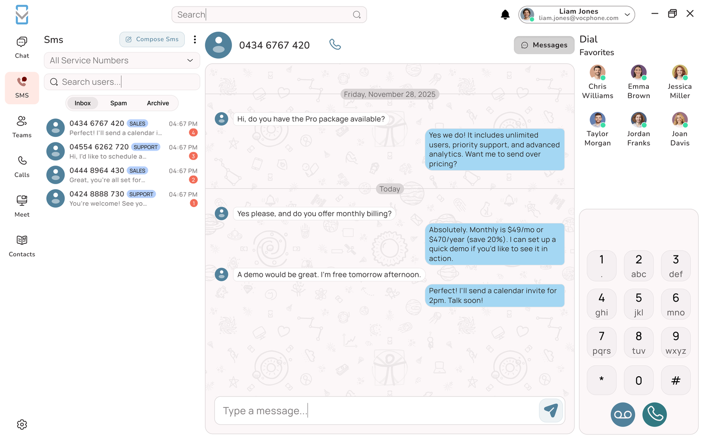 VOCPhone SMS conversations in the desktop app